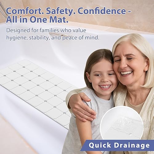 Miniatura 7 de Tapete de bañera de silicona antideslizante plegable extra largo con ventosas fuertes y grandes agujeros de drenaje, duradero, lavable a máquina