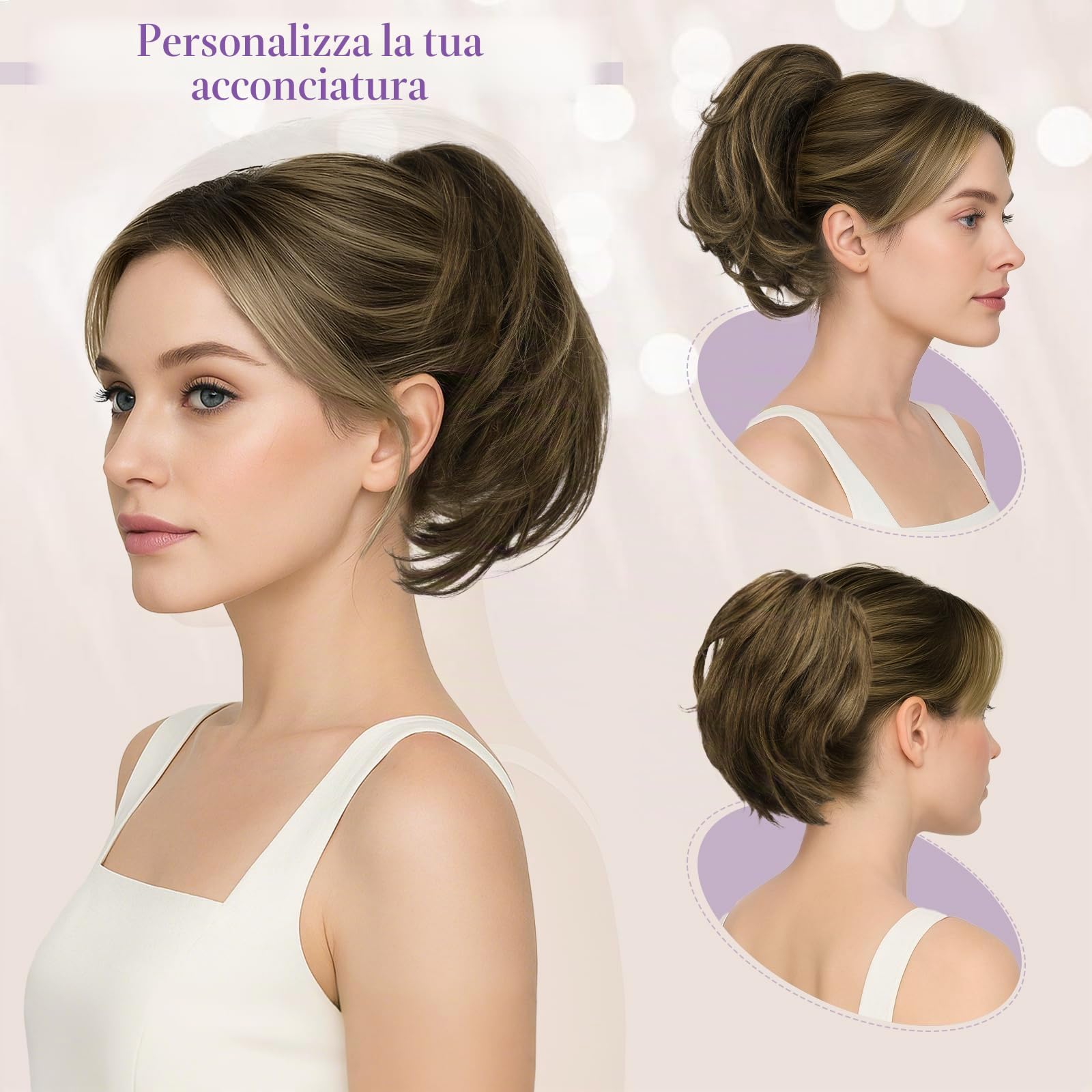 RUWISS Coda Capelli Extension con Pinza, Coda Finta Umani Capelli Corti con Metalli Pieghevoli 22cm Dritto Chignon Capelli Veri per Donna, Castano Cioccolato con Biondo Chiaro Dorato