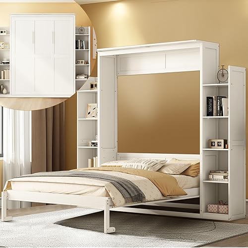 DNYN Queen Size Murphy Bed with Storage Shelf & Foldable & Wall Bedframe Design,for Small Space,Bedroom,Guest Room, White