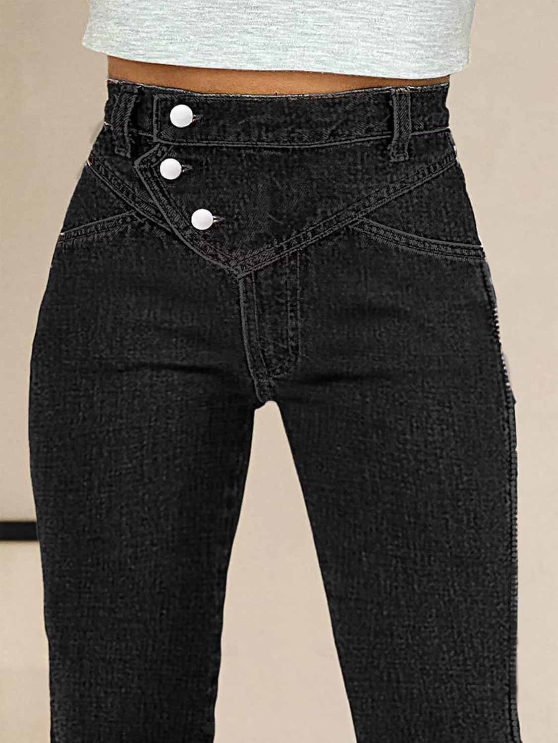 Flamingals Bootcut High Waist Wash Stitch Detail Button Up Women's Jeans Stretchy Trendy Denim Pants - Image 4