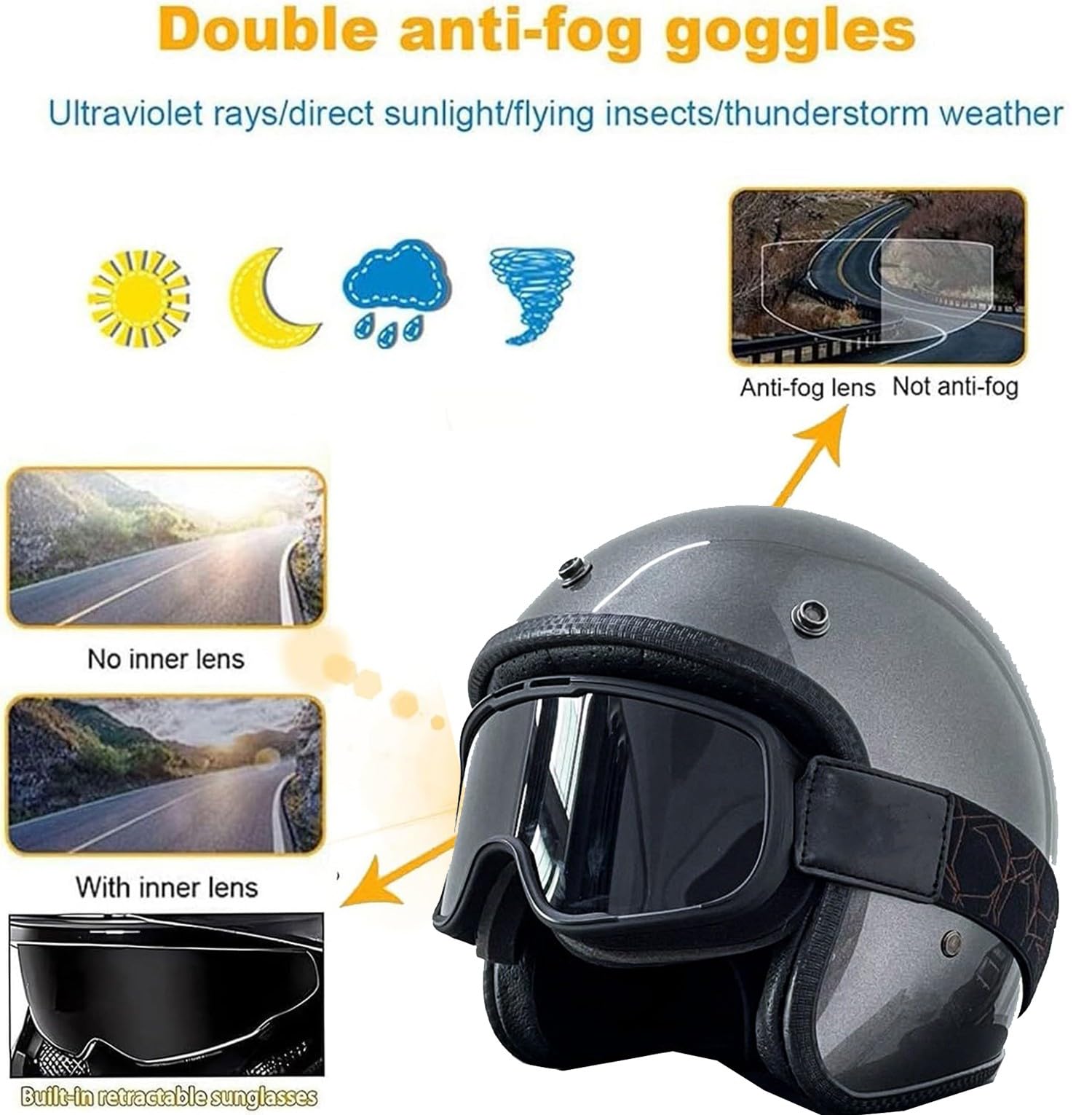 Casque Jet Ouvert Moto Homologués ECEDOT Demi Casque À Face Ouverte Vintage avec Lunettes Casques Bols Protection Multicouche pour Hommes Femmes Boucle À Dégagement Rapide