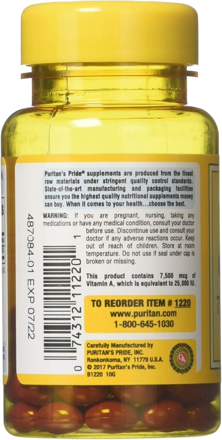 Puritan's Pride Beta Carotene Provitamin A 7,500mcg (25,000 IU), Vitamin Supplement for Immune System, Antioxidant and Eye Health Support, 100 Day Supply, 100 Rapid Release Softgels (Pack of 2)