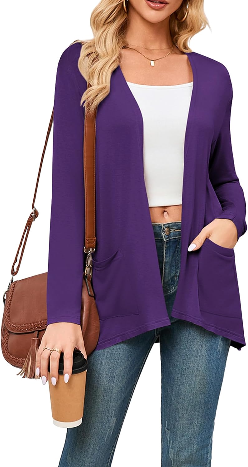 Womens Long Sleeve Open Front Cardigans with Pockets Casual Lightweight Cover Ups for Layering