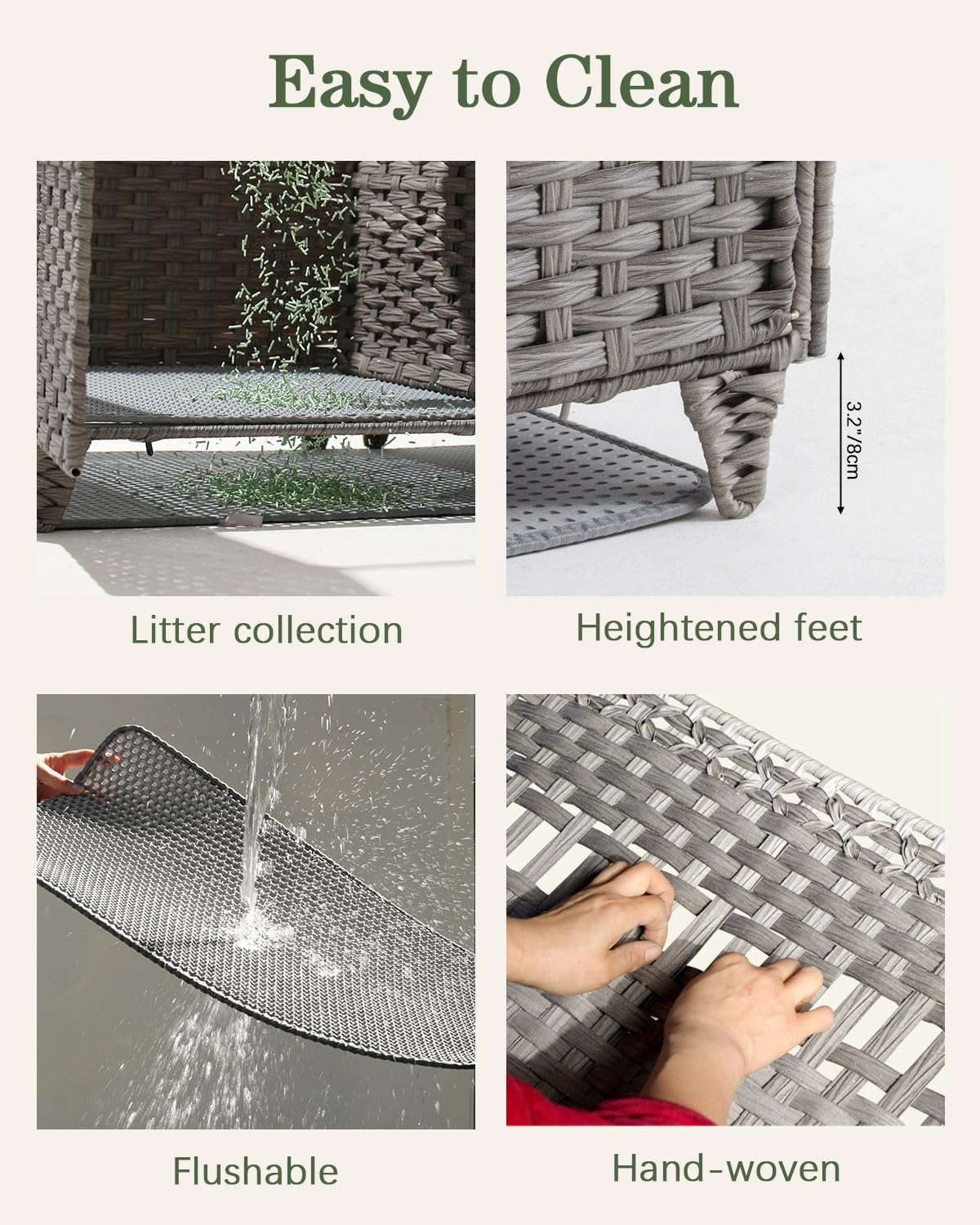 SETVSON Cat Litter Box Enclosure for 2 Cats, Double Litter Box Furniture with Litter Mat, Large Rattan Hidden Kitty Cat House with Double Room and Doors, 2 S-Shaped Hooks, 2 Inch Fence Gray