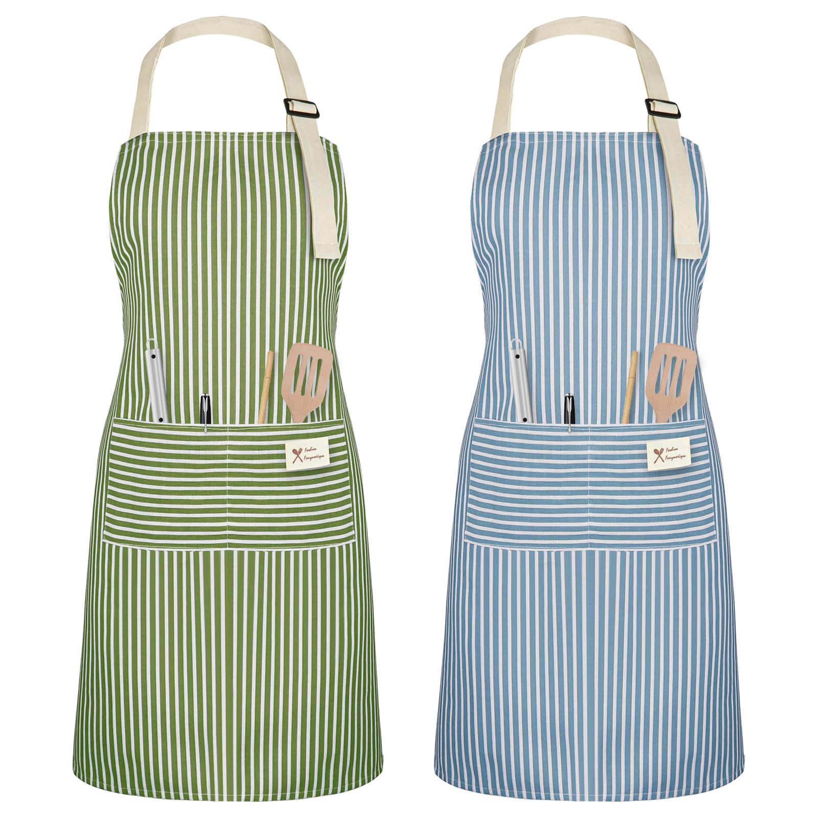 Vicloon Küchenschürze,2 Stück verstellbare Schürze mit 2 Taschen,Maschinenwaschbar, farbecht Schürze für Männer Damen Küche Restaurant Café-Grün/Blau