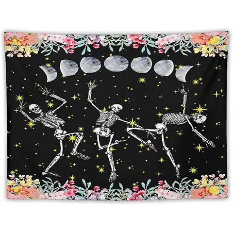 VUMIVI Skull Flower Tapestry Moon Phase Dance Starry Sky Funny Skeleton Colorful Retro Modern Art Tapestry Wall Hanging for Living Room Bedroom Dorm Classroom Aesthetic Decor W40xL30in