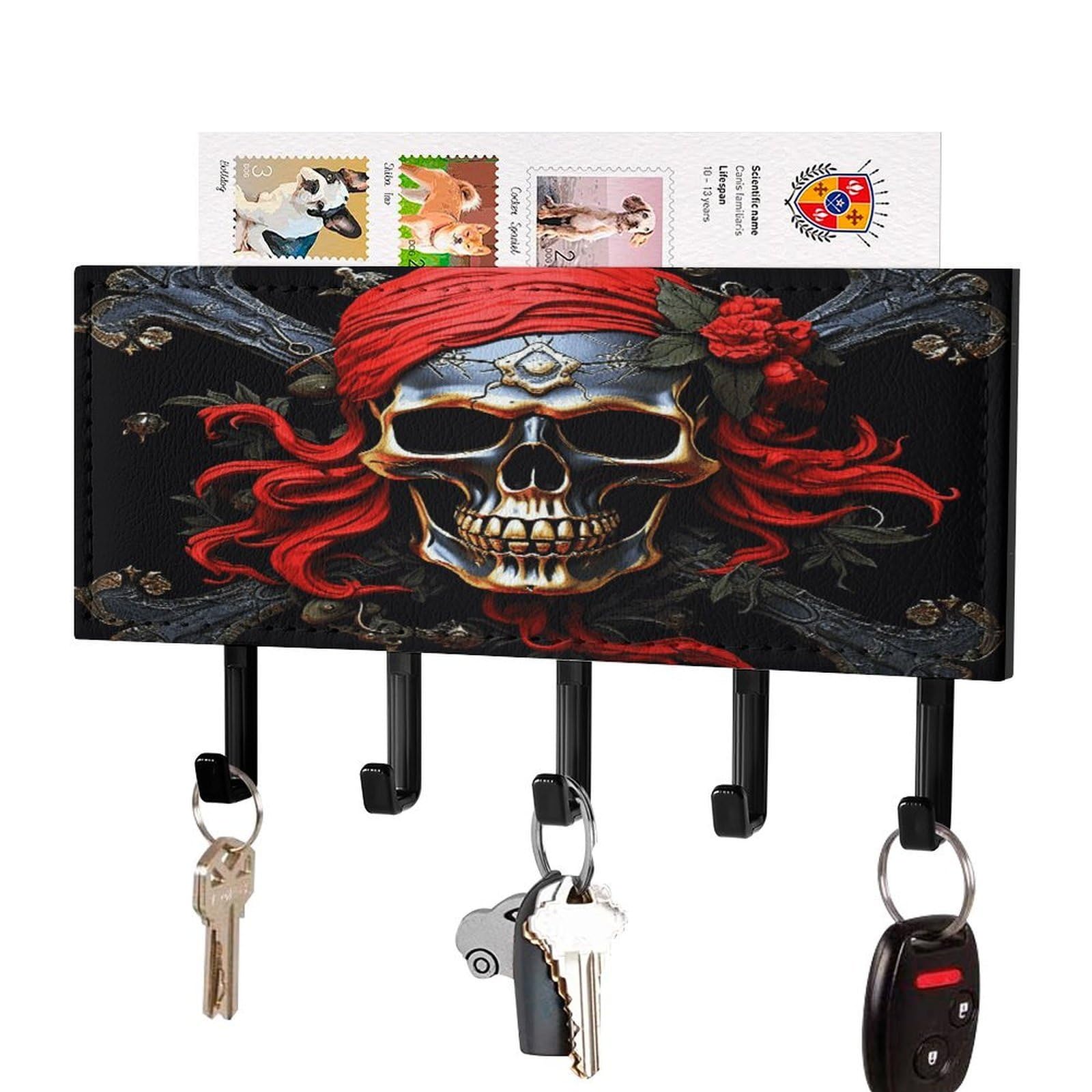 Fekiloot Black-Style Pirate Skull Key Holder Wall Mount Key And Mail Holder Key Hanger With 5 Hooks Decorative Pu Key Rack Hanging Key Hooks For Wall Living Room Kitchen Bathroom Hallway