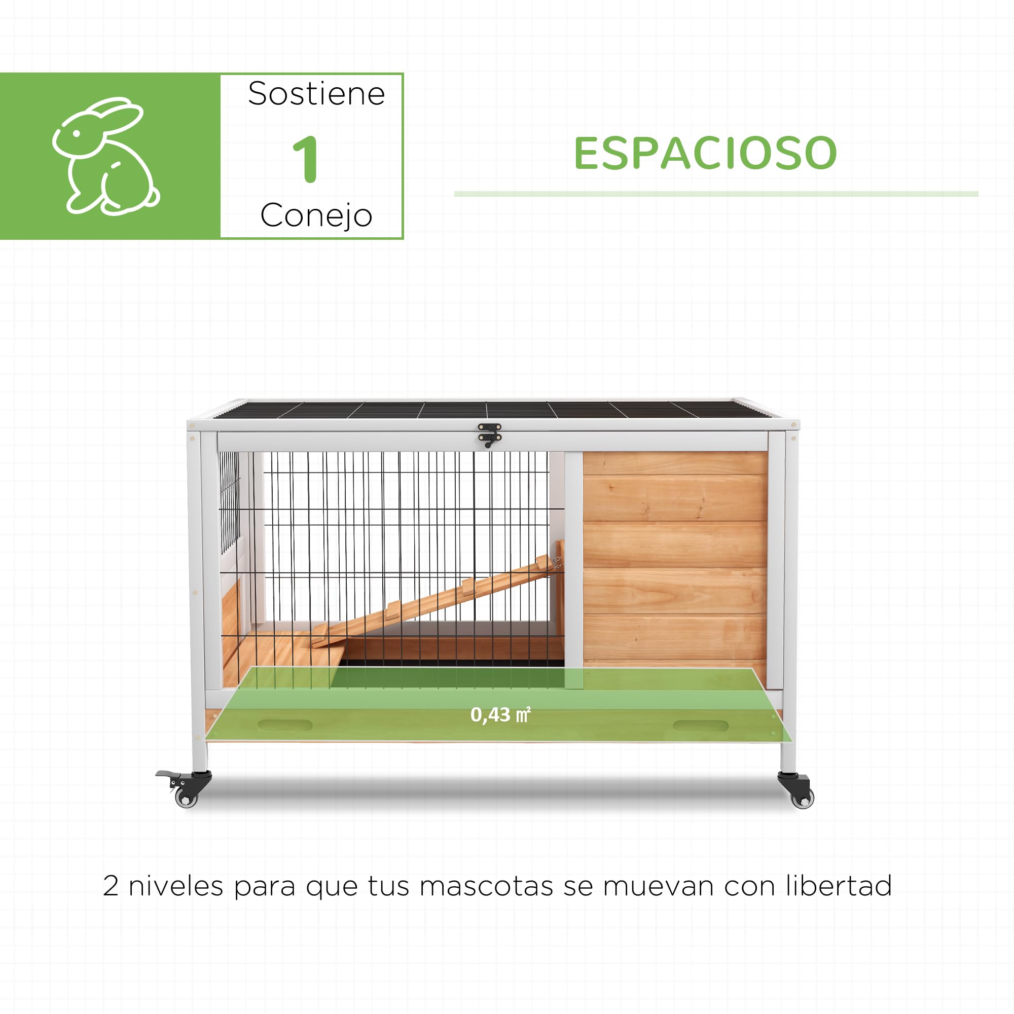 PawHut Jaula para Conejos de Madera Conejera para Mascotas Pequeñas Portátil Interior con Techo Abrible Rampa Bandeja Extraíble para Conejillos de Indias 90x53x59 cm Madera Natural