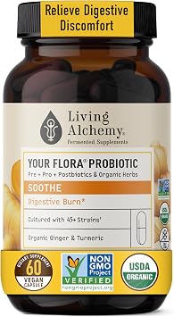Your Flora Probiotic Soothe Non-GMO Probiotics with Fermented Soybean, Ginger, Turmeric for Gut Balance, Digestion, Support Prebiotics, Postbiotics, Digestive Enzymes Living Alchemy, 60 Pcs