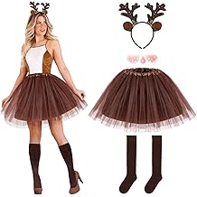 5 Pcs Reindeer Costume Adult Tutu Skirt with Reindeer Headband Temporary Tattoos Socks Deer Cosplay Costume Halloween Christmas Fancy Dress Outfits for Women Girls Brown
