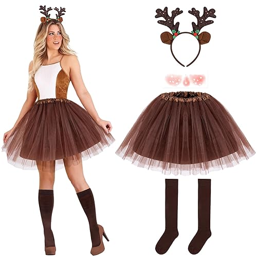 Hifot 5 Pcs Reindeer Costume Adult Tutu Skirt with Reindeer