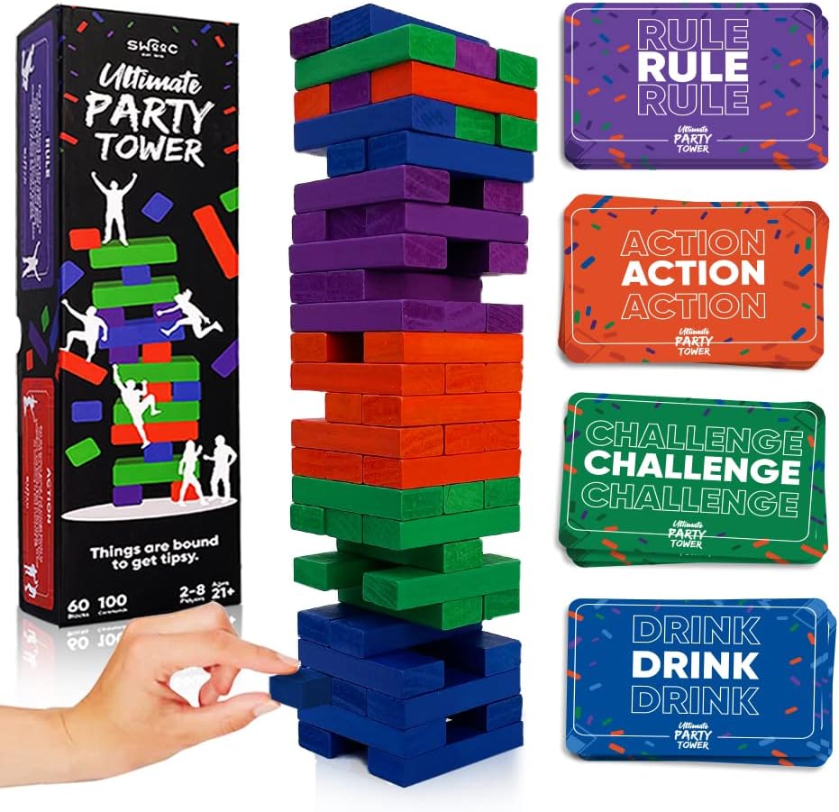 Games - Ultimate Party Tower™ - 100 Original Commands, 60 Blocks, & 1000s of Hilarious Rule Combinations - A Tipsy Spin on Fun Classic Games for Power Hour - Ages 21+ - Wooden Tower Blocks Game