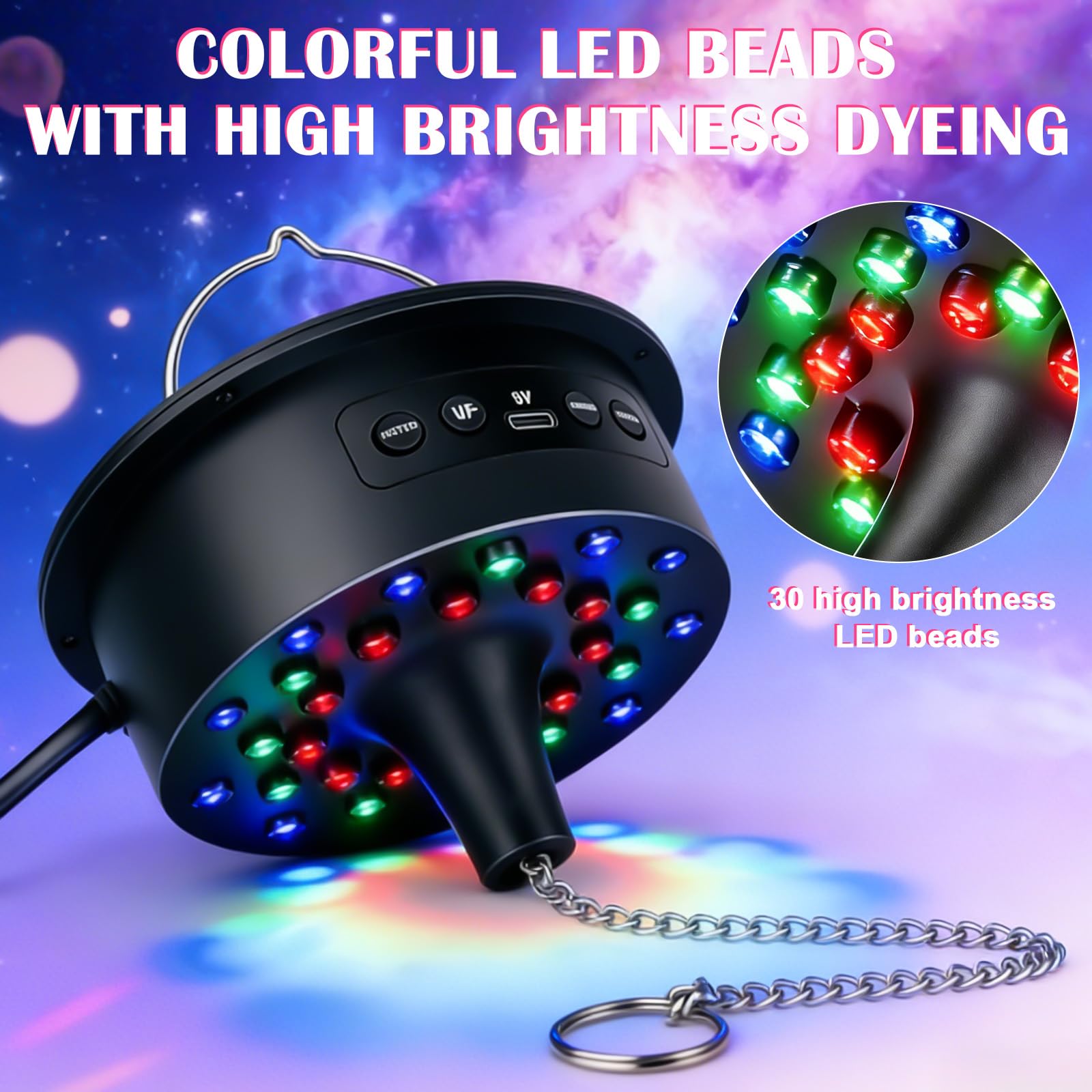 Motor de bola de discoteca con luz LED, motor giratorio de espejo con control remoto, luz de discoteca de 30 perlas LED, velocidad ajustable, accionamiento silencioso para bola de discoteca