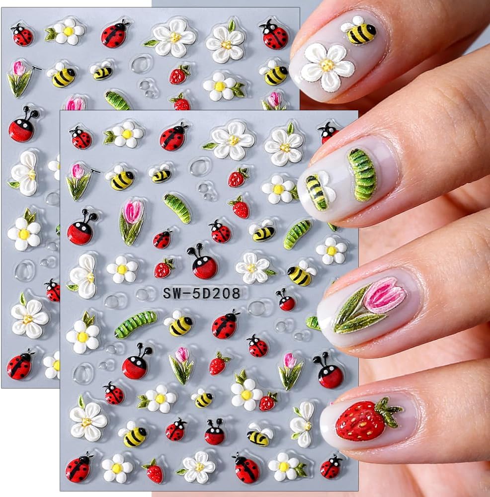 Cartoon Cute Insect 5D Nail Art Stickers Hawaiian Flower Daisy Tulip Strawberry Bee Ladybug Nail Stickers for Women Girl Spring Summer Petal Lady Bug Sticker Nails Design Manicure Decorations Supplies image 3