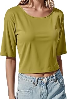 Jeans Casual Basic Crop T-Shirt Rundhals Kurzarm Slim Fit Top für den Alltag Urlaub Frühling Sommer Outfits mit Jeans Hosen Röcke Grünes Langarmshirt Damen