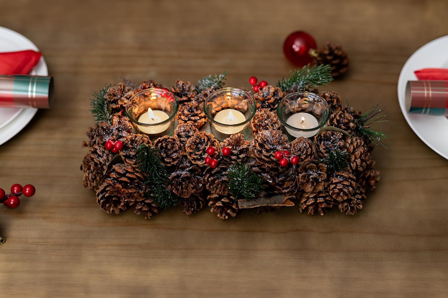 Marco Paul Interiors Frosted Pinecone Trio Tealight Marco Paul Frosted Glitter Pinecone Triple Tea Light Candle Holders - Christmas Table Centrepiece Tealight Holders - Christmas Table Centrepiece Fireplace - Home Decoration Votive Candles Holder