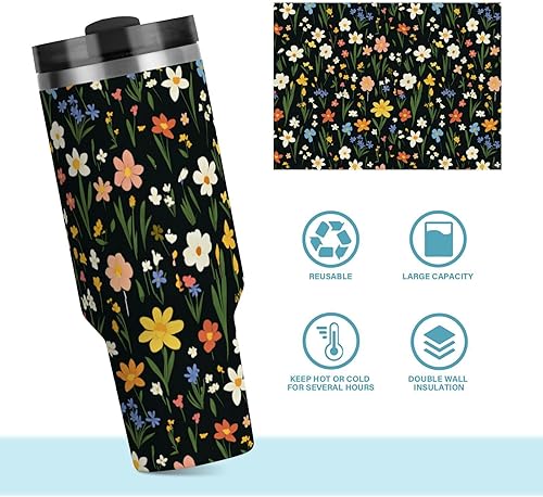 Miniatura 8 de Pintura al óleo de color Sense Flowers al vacío reutilizable botella de agua aislada para niños, tapa a prueba de fugas y pajita, taza de café