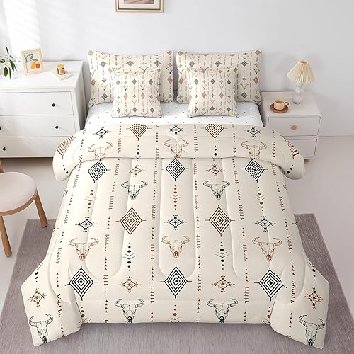 Erosebridal Aztec 7 Pcs Comforter Set Twin Size Western Bull Skull Sheet Set Bed