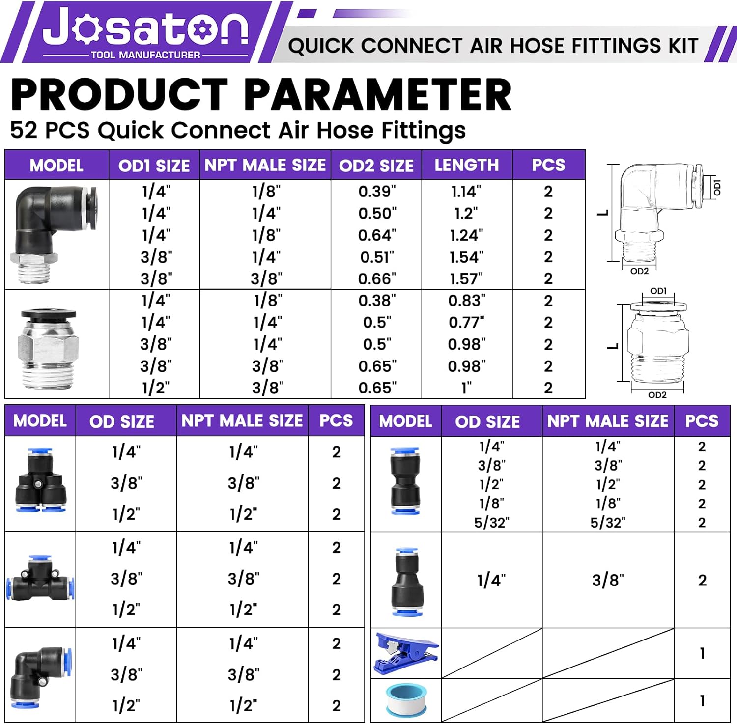 52 Pcs Quick Connect Air Hose Fittings Kit, Josaton Air Line Quick Connect Fittings, 1/2", 3/8", 1/4", 1/8"?5/32" Pneumatic Fittings, NPT Male Thread Push to Connect Fittings, with Sealing Tape