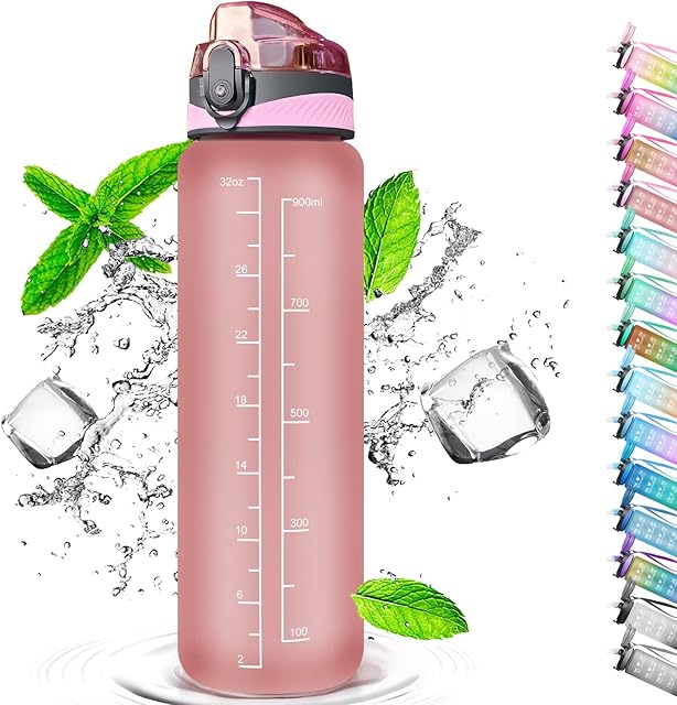 Auckpure Sports Water Bottle 1 Litre, Time Markings and With Straws Bottles, Water Bottle Opens With 1-Click, Suitable for Fitness, Outdoor, Camping, Yoga, Cycling and Drinking Bottles (Pink)
