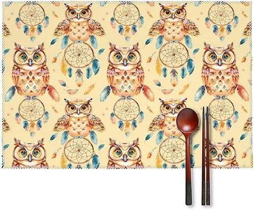 Juego de 6 manteles individuales con diseño tribal de búho y atrapasueños, resistentes y lavables, para decoración de mesa de cena y fiesta