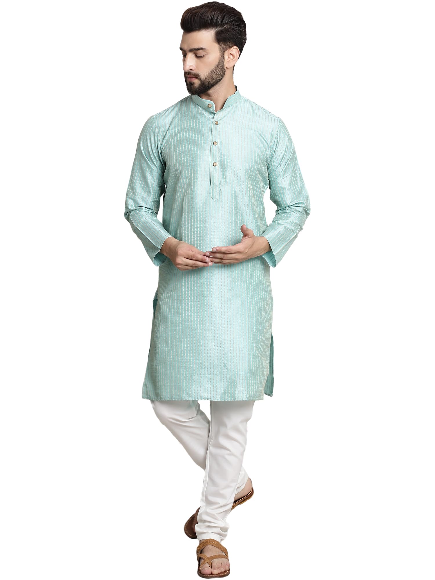 Sojanya (Since 1958 Men's Silk Blend Sea Green Pintex Kurta And White Churidar Pyjama Set