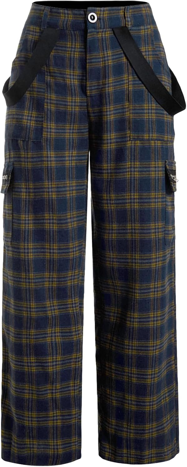 WDIRARA Women's Tartan Plaid Print Elastic Waist Pants Grunge Straight Leg Pants Trousers