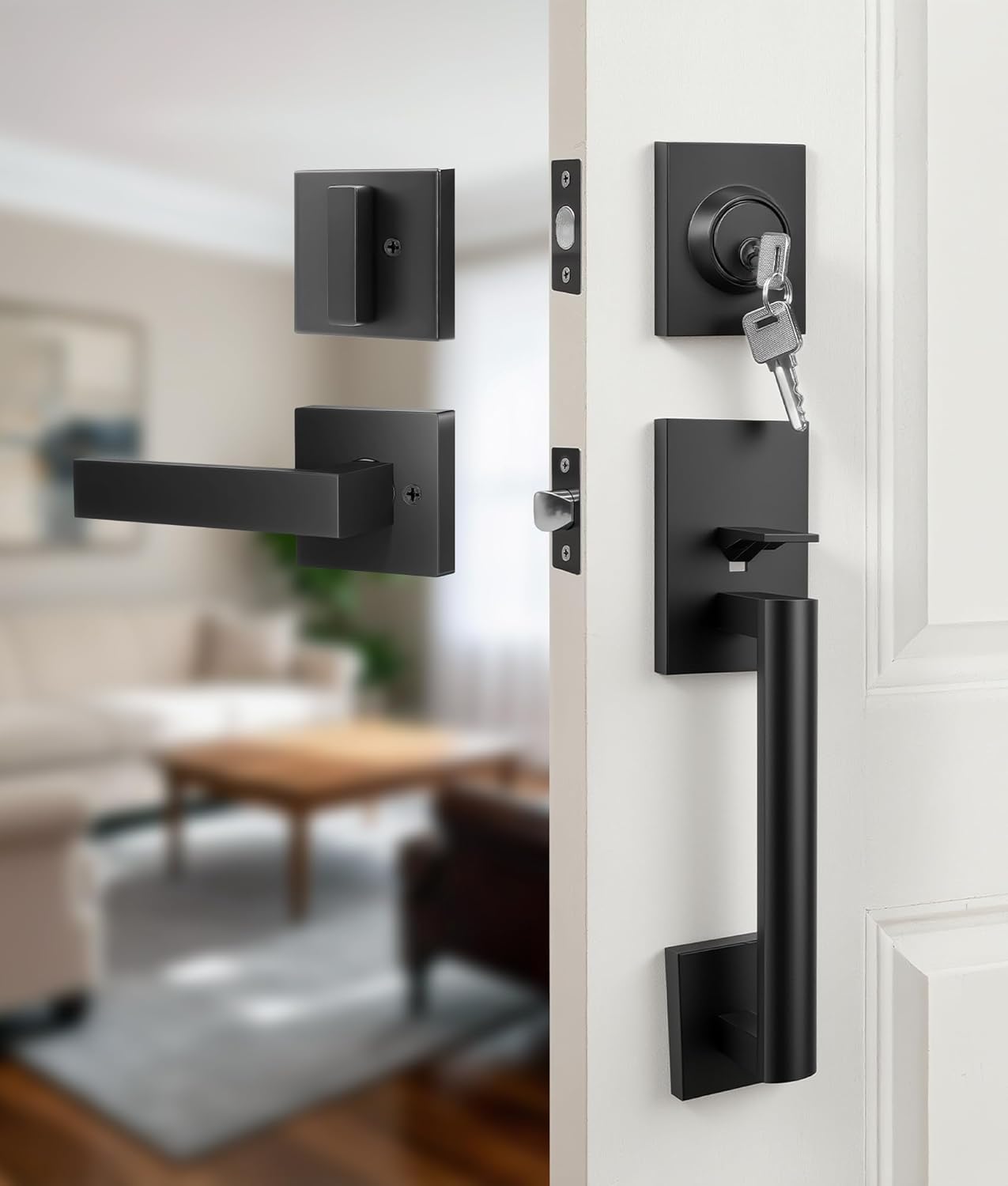 DPB Front Door Lock Set, Black Front Door Handle, Adjustable Deadbolt with Single Cylinder, Front Door Handle and Deadbolt Set with Reversible Handle Lever, Reversible for Right&Left