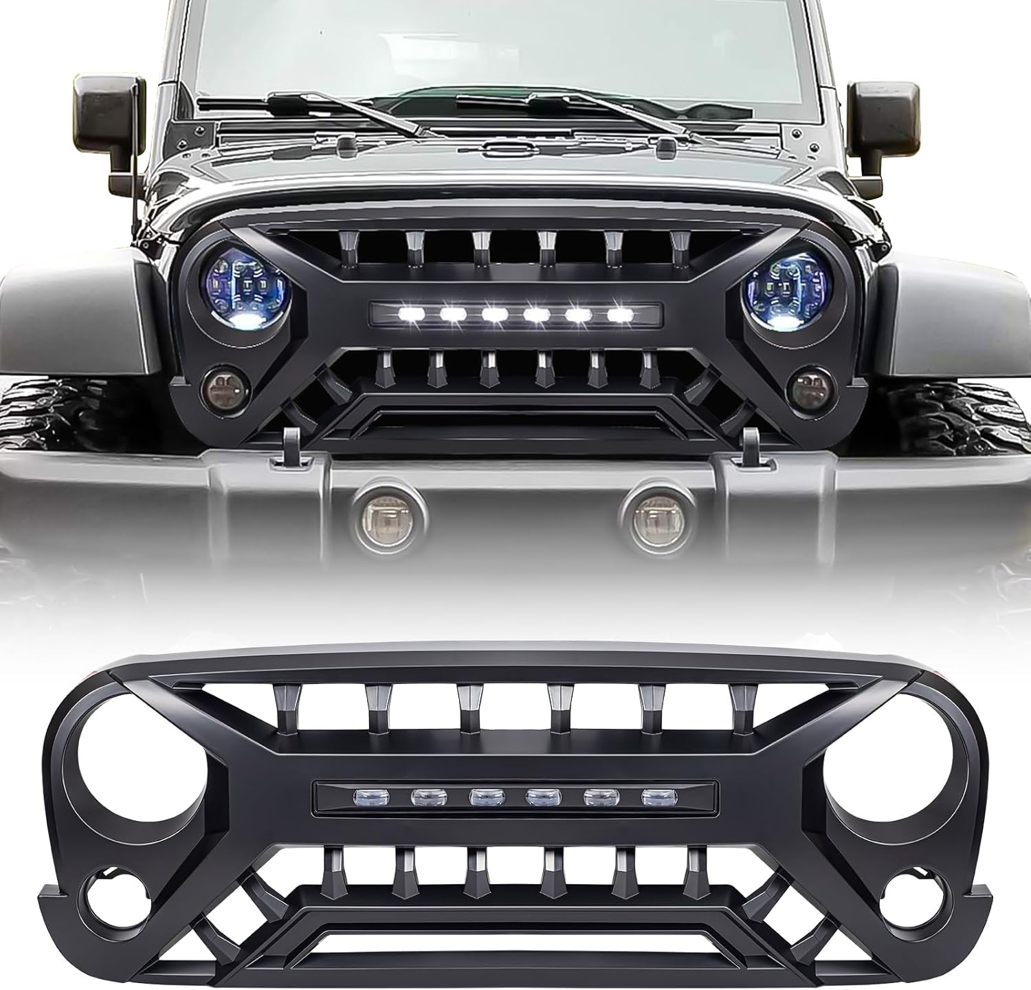 MEGAIE Front Grill with Off-road Lights Compatible with 2007-2018 Jeep Wrangler Rubicon Sahara Sport JK JKU, Matte Black