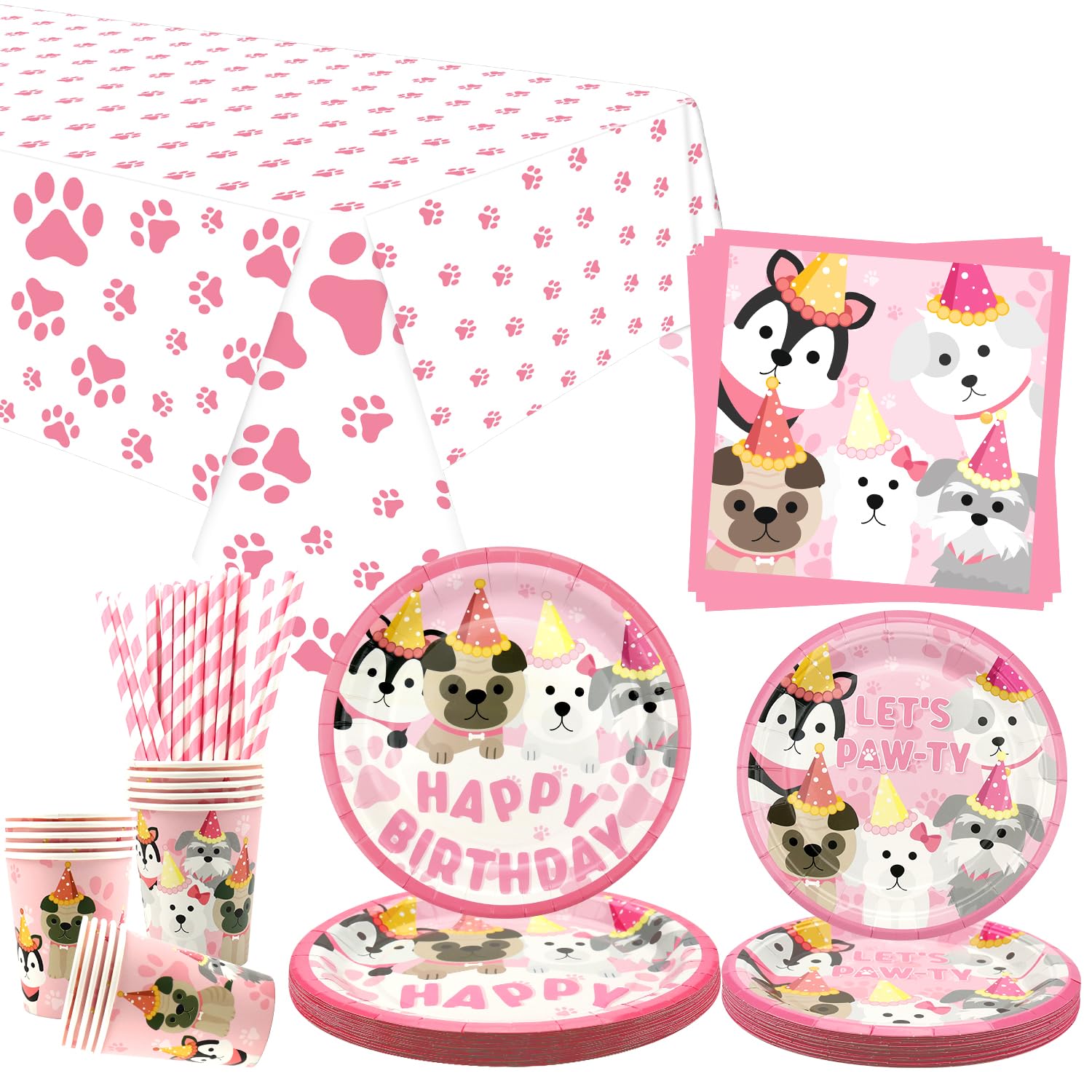 Decorazioni Festa Compleanno Cane - Set Completo Con Piatti, Tazze, Tovaglia, Palloncini, Tema Cucciolo