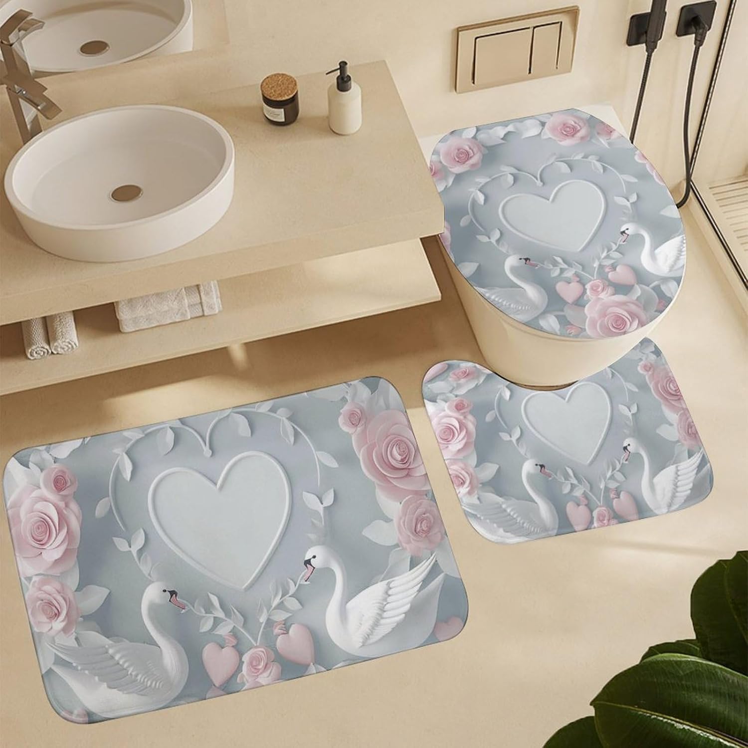 4Pcs Swan Love Shower Curtain Set with Rugs, Toilet Lid Cover and Bath Mat, Rustic Farm Animal Goose Romantic Rose Floral Bathroom Curtains Decor Shower Curtains, 72" x 72"