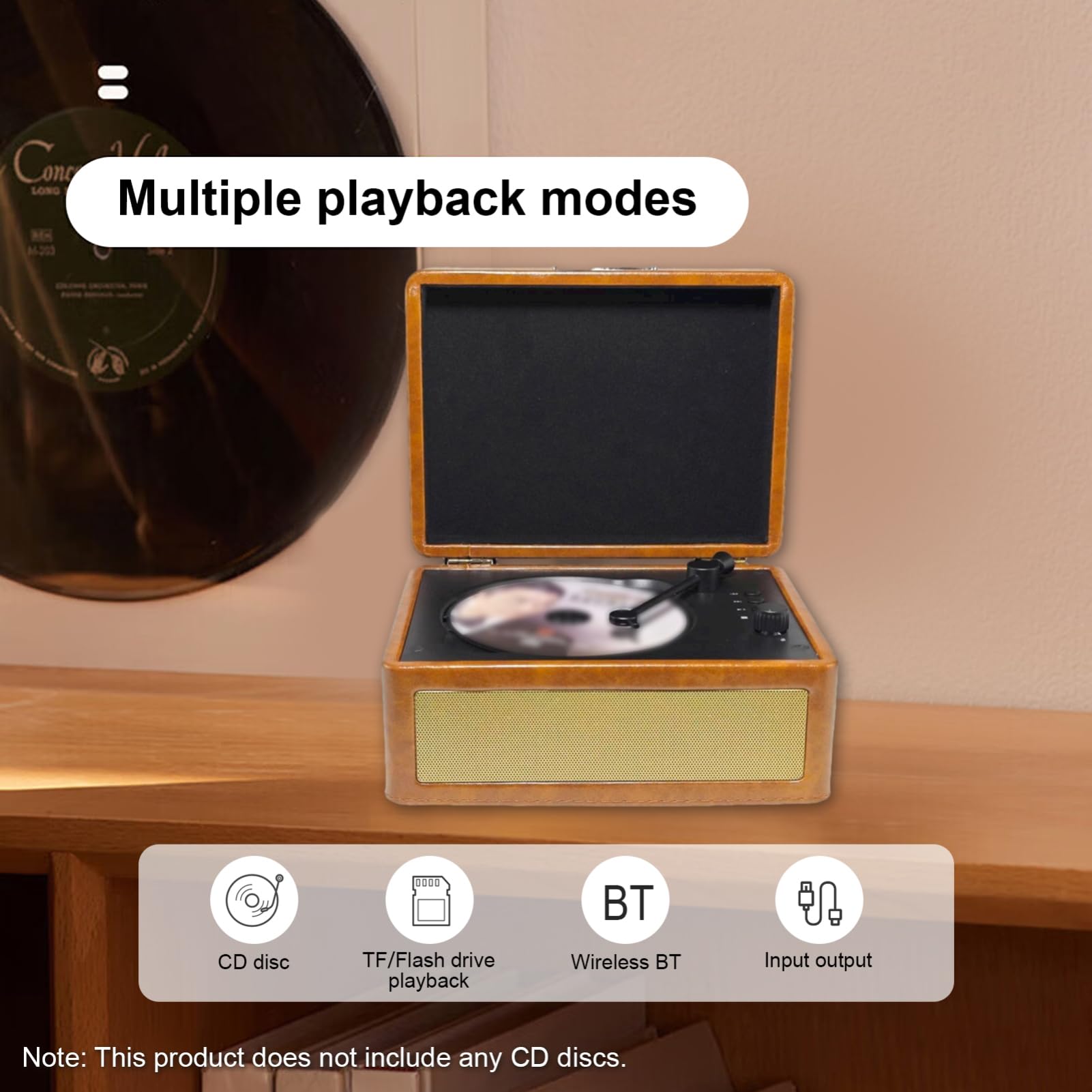 Gramofon CD, Wielofunkcyjna Tacka, Odtwarzacz Płyt BT 5.0, Odtwarzanie z Napędu USB, Pilot na podczerwień, 2 Wbudowane Głośniki, Bezprzewodowe Przesyłanie Muzyki (Khaki)