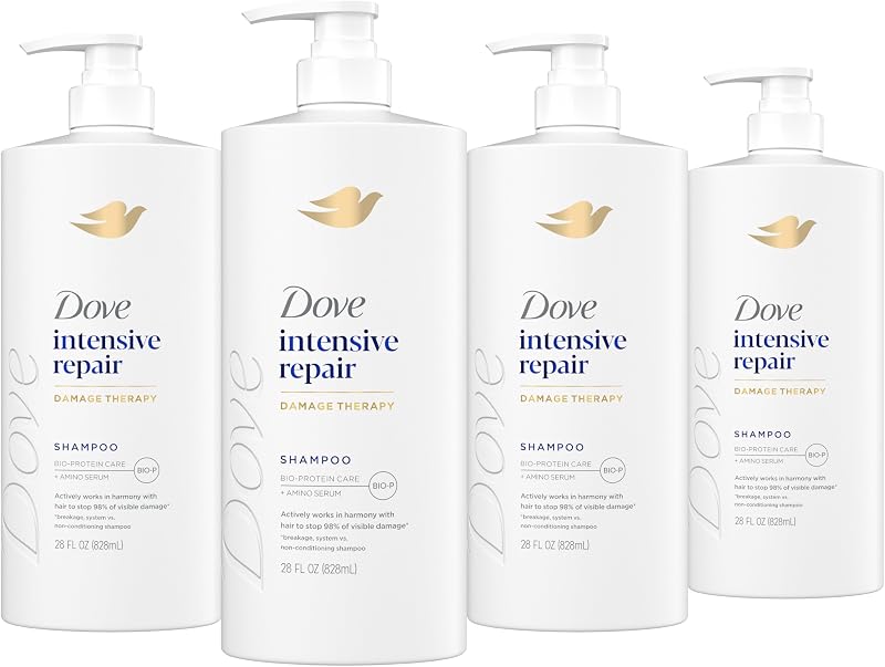 Champú de reparación intensiva para cabello dañado, paquete de 4 con tecnología de cuidado de bioproteínas y suero amino, 28 onzas líquidas