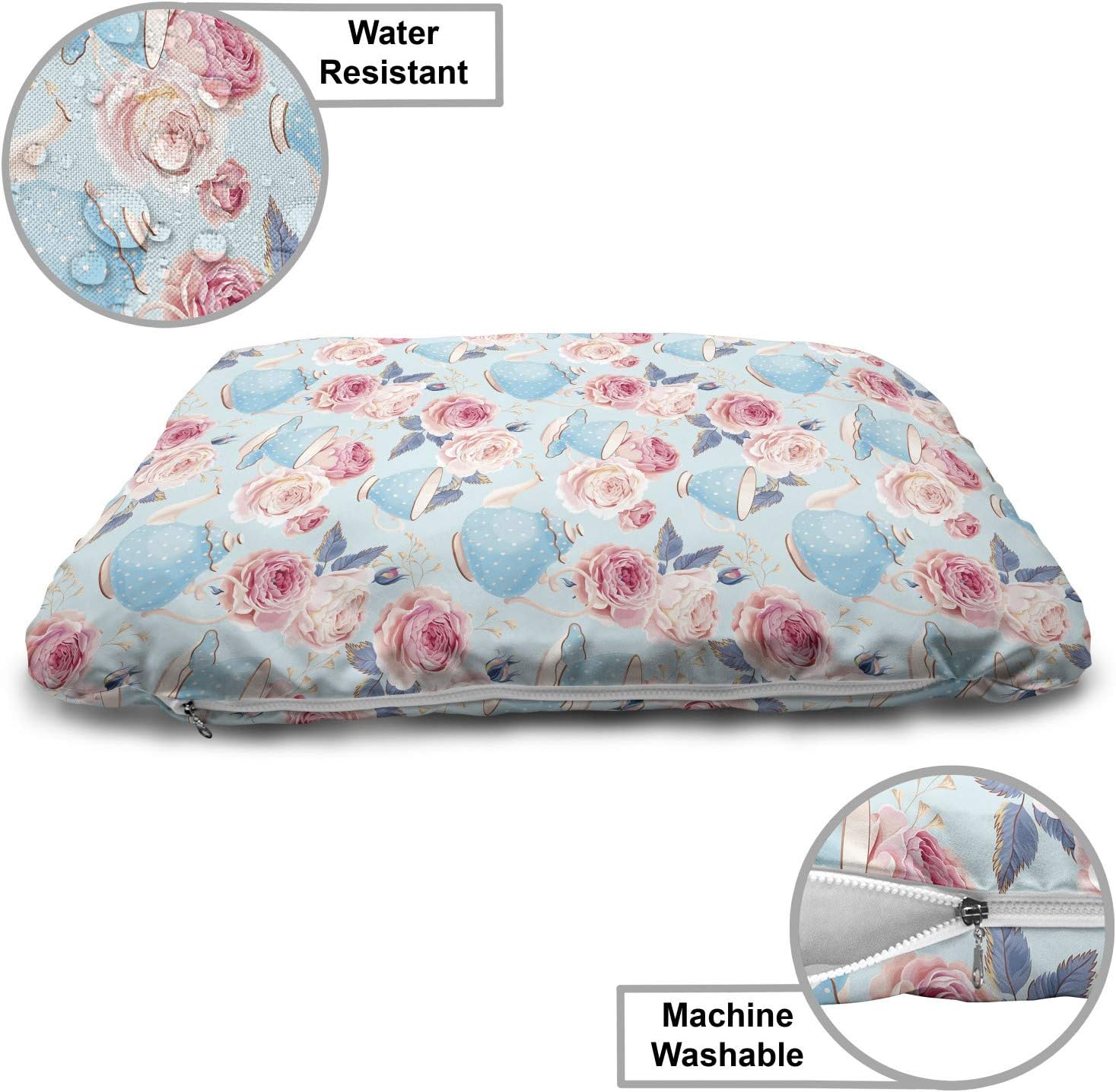 review Ambesonne Vintage Pet Bed, Flowers Roses Vintage Teapot Cups Leaves Pastel Backdrop, Chew Resistant Pad for Dogs and Cats Cushion with Removable Cover, 24