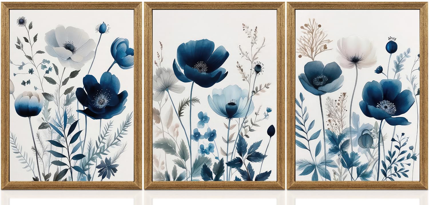 DUWQU 3Pcs Floral Canvas Wall Art Wood Framed Navy Blue Wildflower Lily ...