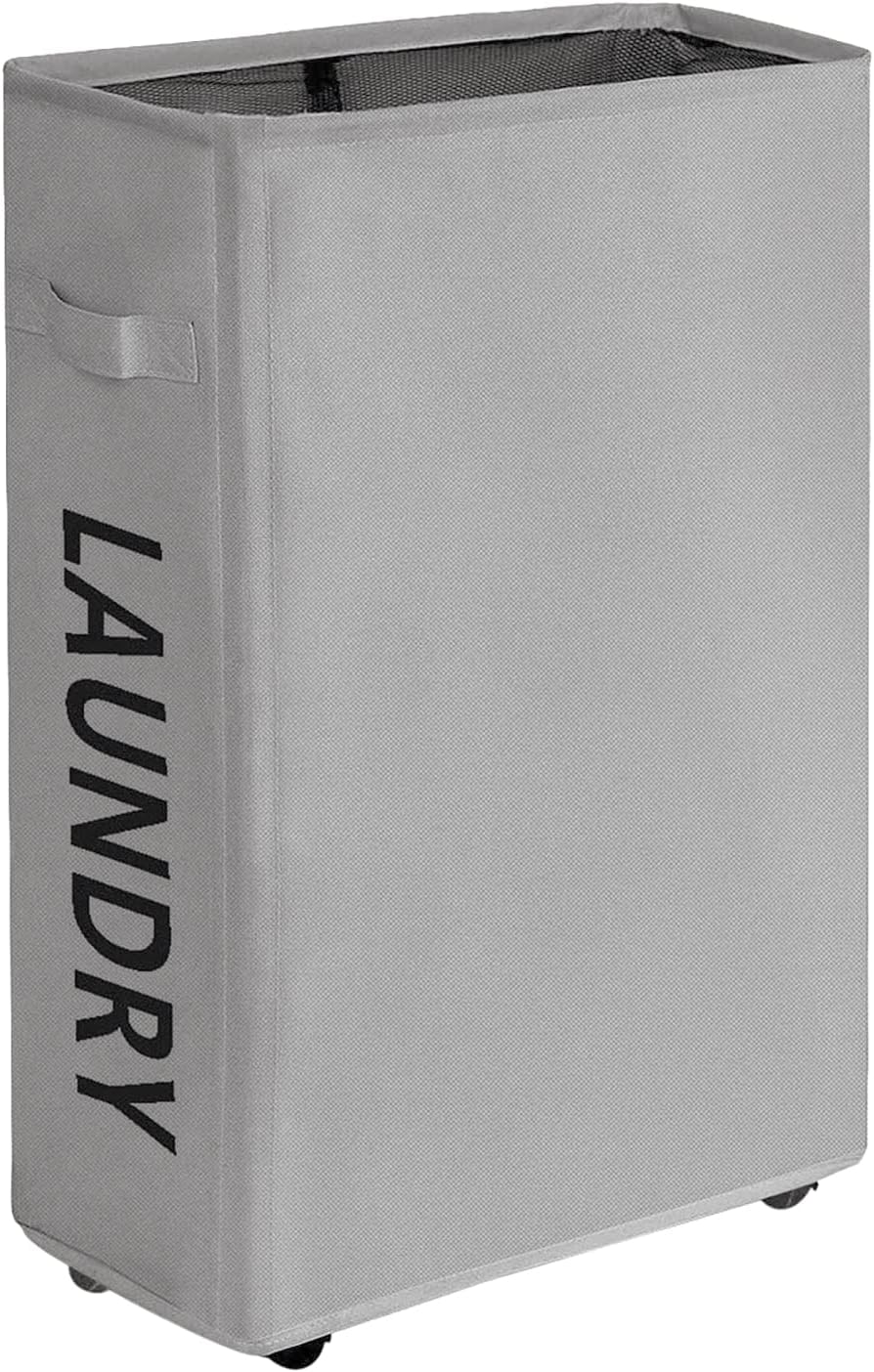 Chrislley 45L Slim Rolling Laundry Hamper Thin Laundry Basket with Wheels Collapsible Laundry Storage Organizer Bathroom Corner Narrow Tall Storage Basket Bin (A-grey 2)