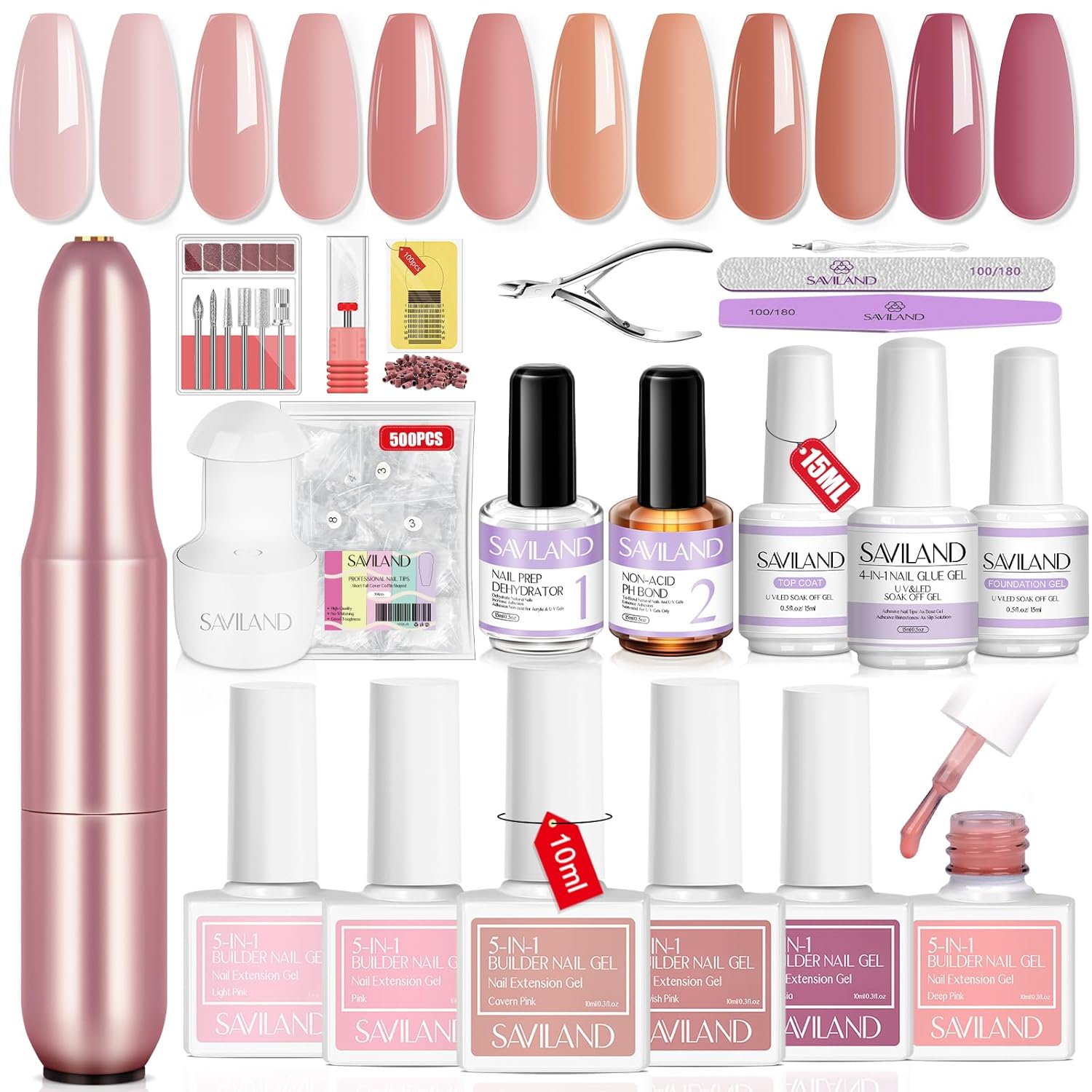SAVILAND Builder Nail Gel Kit with Nail Drill: 6 PCS Natural Cuticle Oil Pen Castor Oil Vitamin E Builder Nail Gel in a Bottle Hard Gel for Nails Strengthener Extension Mini U V Lamp Nail Glue Gel