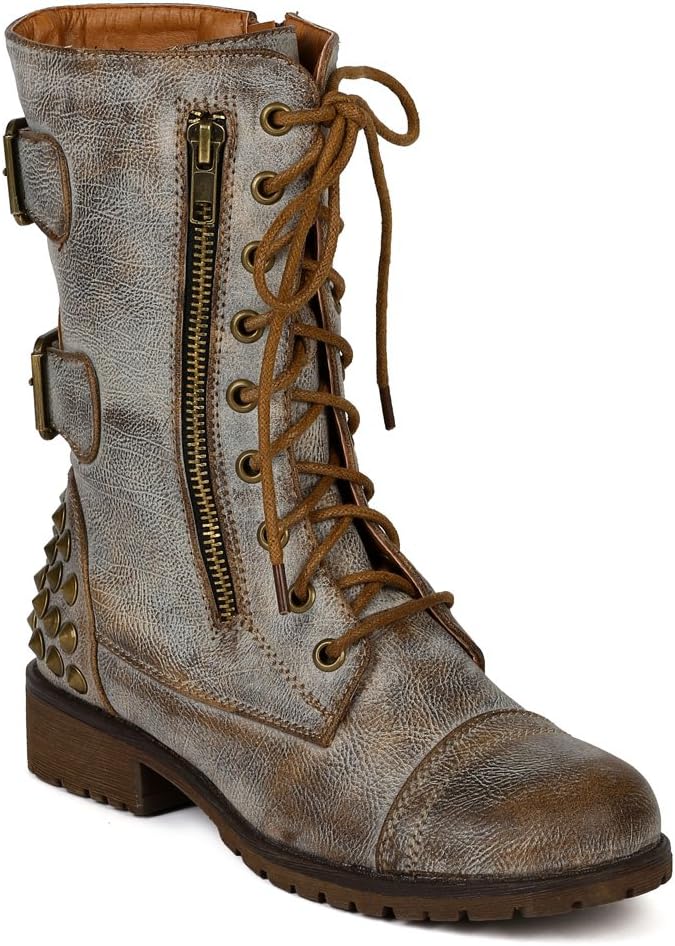 Nature Breeze Women Studded Spike Leatherette Zipper Lace Up Buckle Military Boot AC20 - Tan Distress