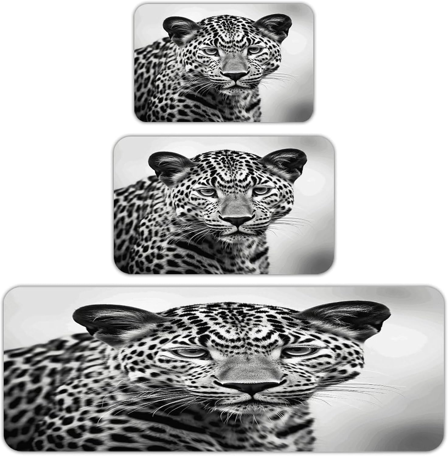 Black White Leopard Animal 3-Piece Kitchen Rug Indoor Door Mat | Non-Slip Kitchen Mat for Profile Absorbent, Moisture-Wicking and Breathable for Bathroom Laundry Room Bedroom Home Decor
