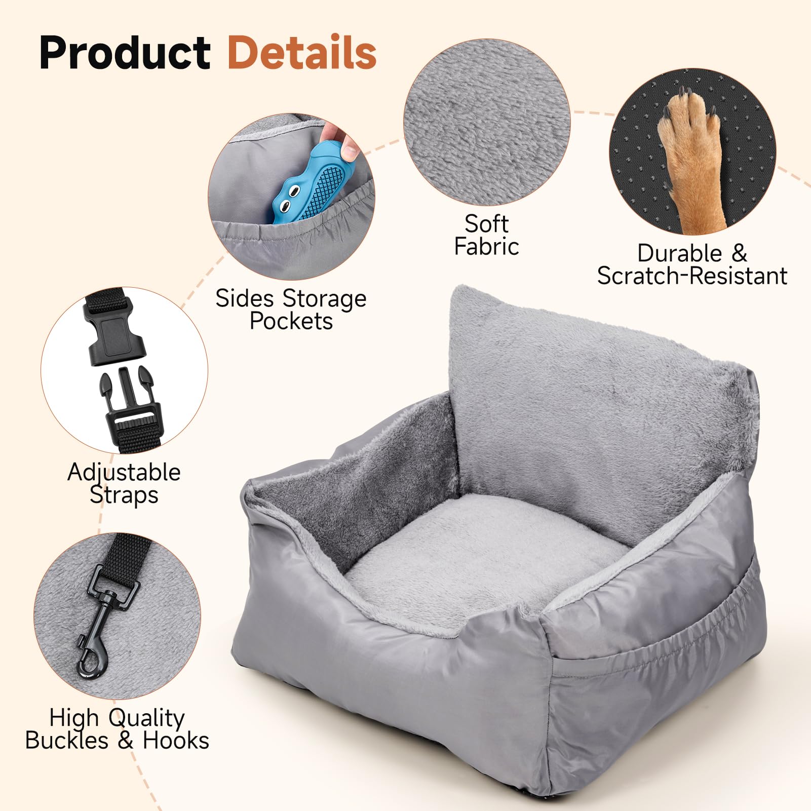 The Fellie Siège auto pour chiens de petite taille, siège rehausseur de voiture imperméable avec laisse de sécurité, lit de voyage confortable pour animal domestique avec poche de rangement et base