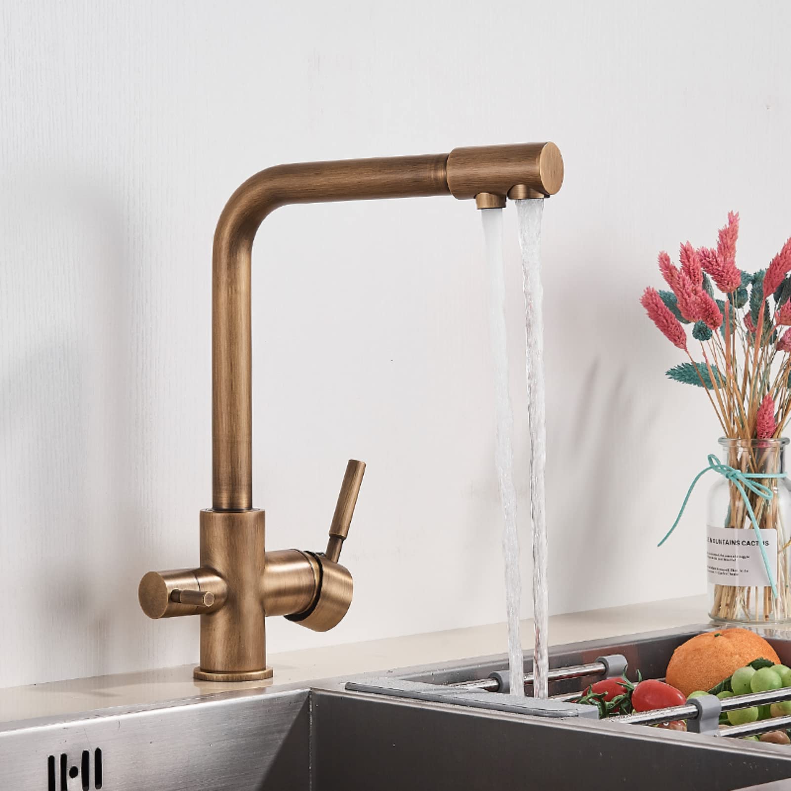 Filtered Pure Water Kitchen Faucet Deck Mount Black Faucet 360 Rotate Drinking Water Kitchen Faucet Hot/Cold Water Mixer Tap (Antique Brass)