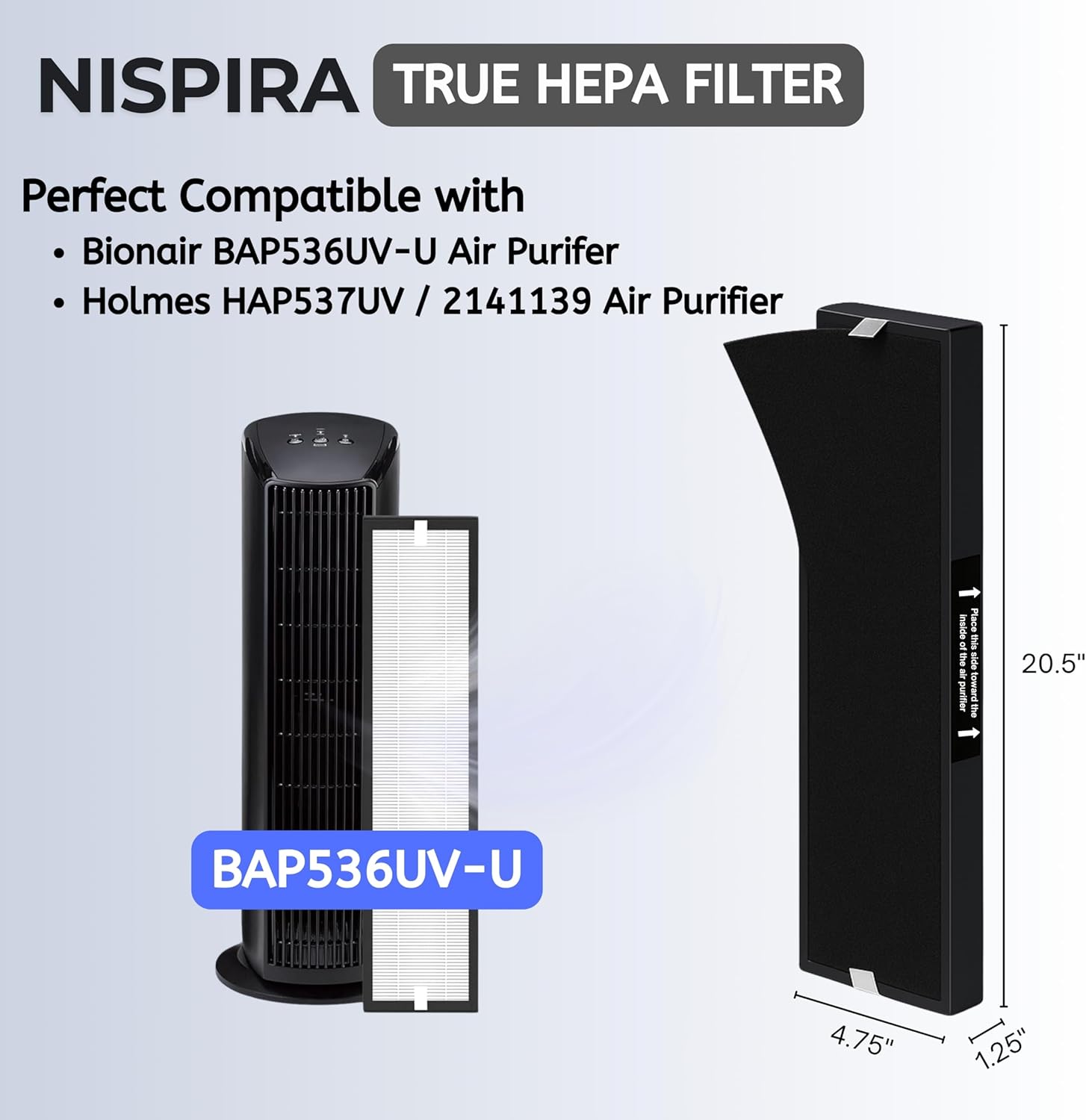 Nispira 2-set 182550 Filter Replacement Compatible with Bionaire BAP536UV-U Holmes HAP537UV / 2141139 Air Purifier, 2 HEPA 8 Pre Filters