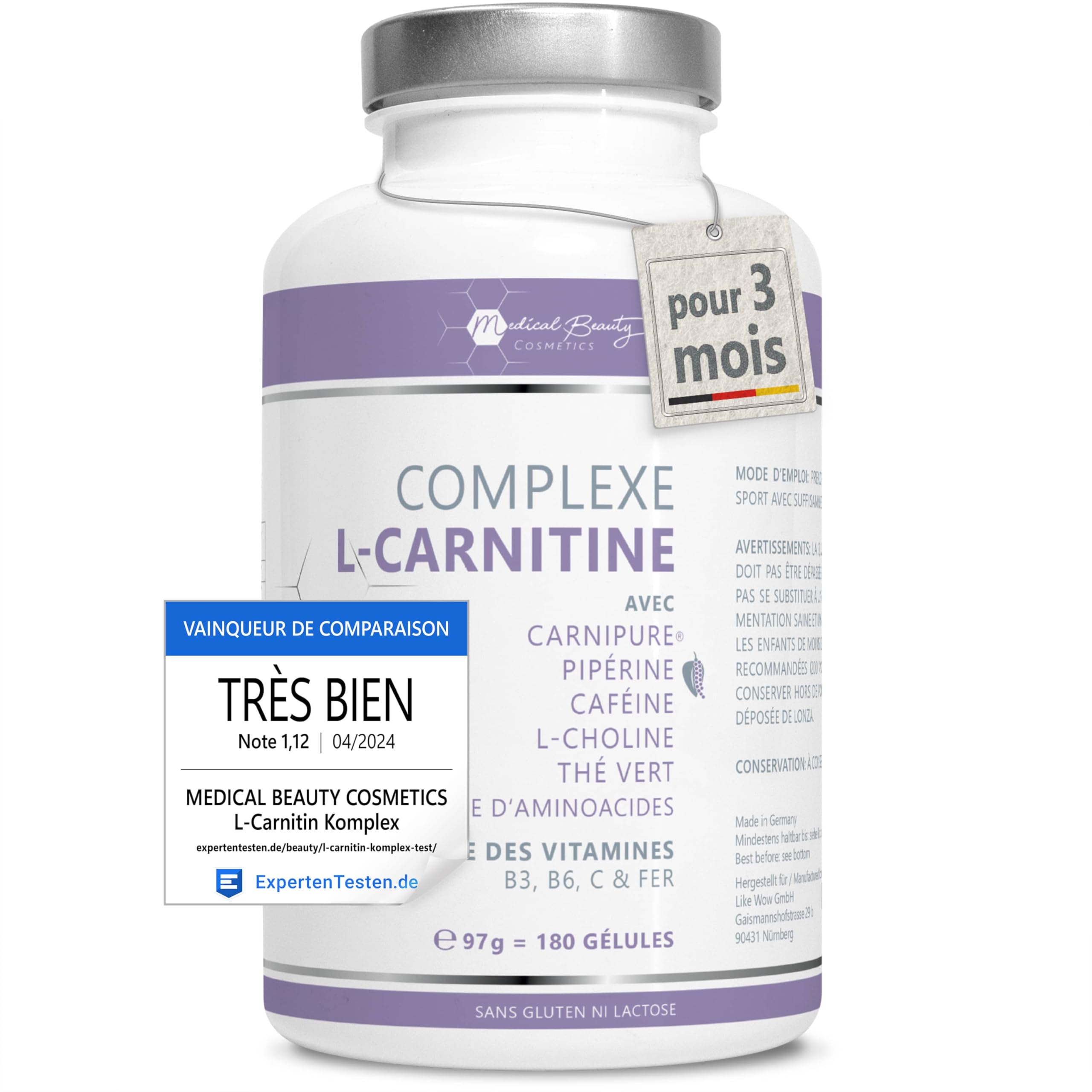 L-Carnitine Carnipure 180 Capsules, Haute Dose, Vegan, Formule Métabolisme | Thé