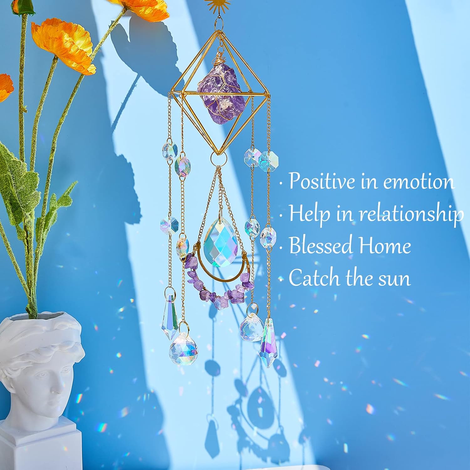 Amethyst Crystal Suncatcher - Hanging Gold Plated Garden Sun Catcher for Windows, Healing Amethyst Crystal Decor for Home, Gift for Christmas Birthday Valentine Mothers Day - Image 4