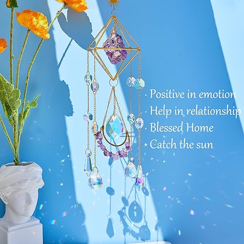 Miniatura 4 de Atrapasoles de cristal de amatista, colgante chapado en oro para ventanas, decoración de cristal de amatista curativa para el hogar, regalo para