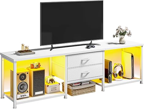 TV Stand for 75 Inch TV with Light & Storage Shelves for Living Room, White | Modern Entertainment Center Fits 75/70/65 Inch TVs with 2 Open Wooden Shelves, Sturdy Metal Frame Fabric Drawer for Game Room