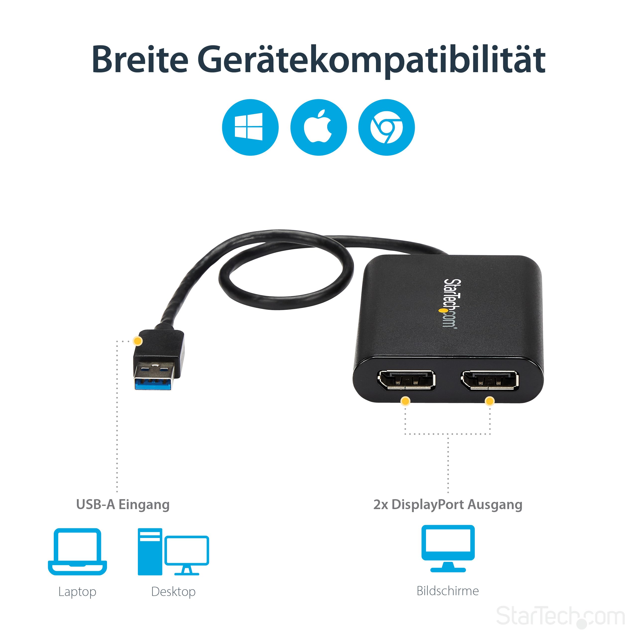 StarTech USB 3.0 auf Dual DisplayPort Adapter, 4K 60Hz (USB32DP24K60) | DisplayLink zertifiziert, Dual Monitoradapter, USB-betrieben, Für Mac und Windows, 5Gbit/s