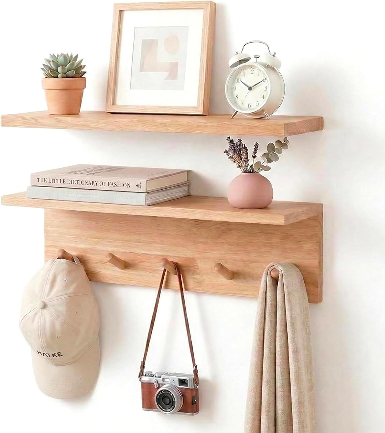 Floating Shelves Wall Mounted with Hooks Wood Coat Rack for Entryway Kitchen Bedroom Bathroom Living Room Wooden Shelf Storage Organizer for Book Photo Plant Clothes Hats Towel