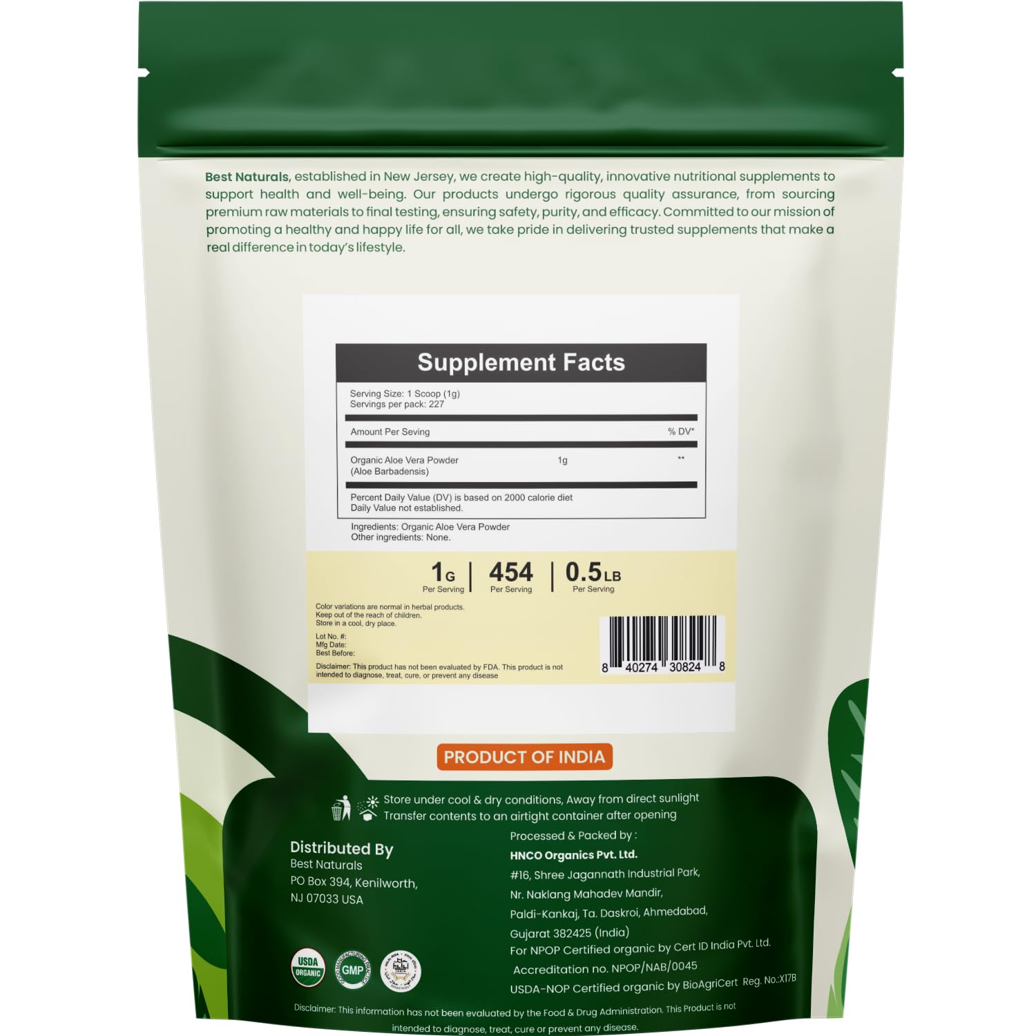 Best Naturals Certified USDA Organic Aloe Vera Powder, 227 Gram, Gluten Free, GMO Free, Vegan — Amazon image 2