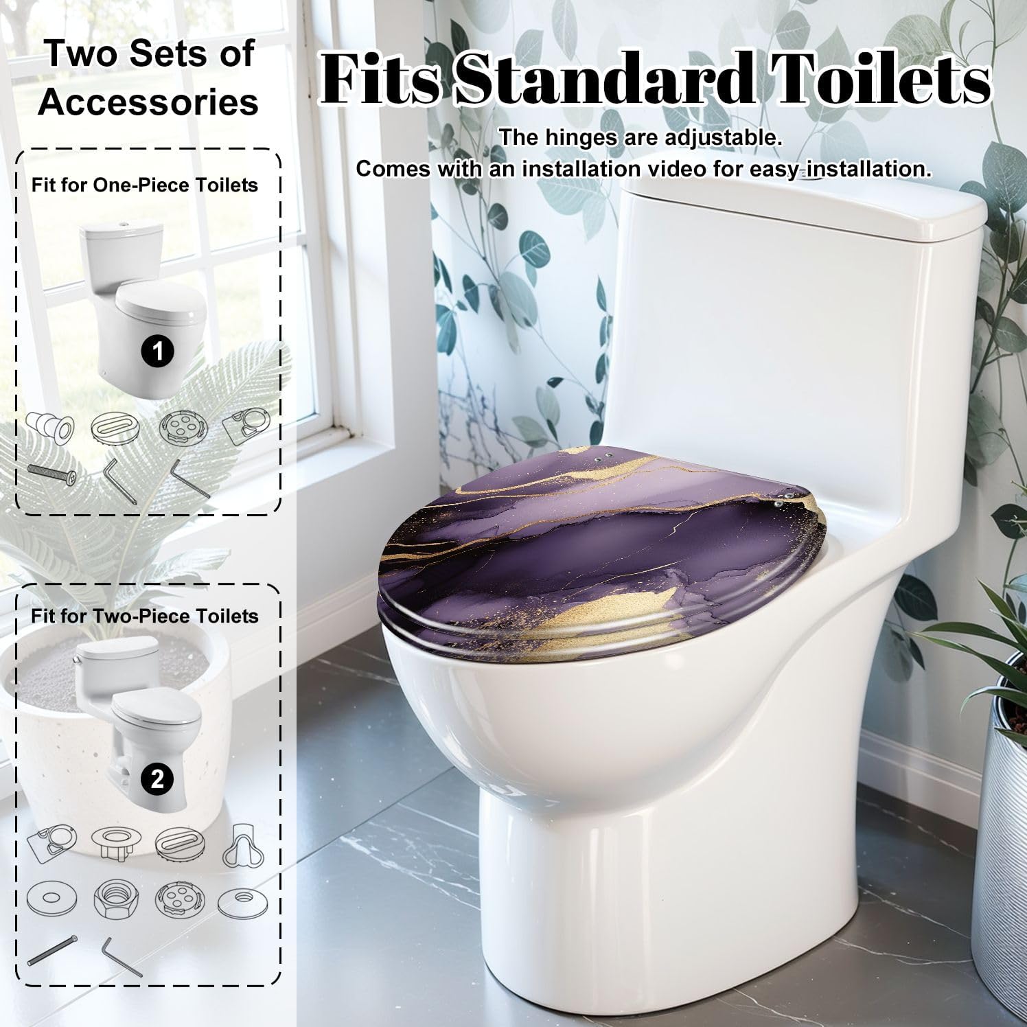 Elongated Toilet Seat Purple marble gold stripes alcohol ink Luxury violet black watercolor Resin Toilet Seat Slow Quiet Close Lid with Quick-Release Hinges Cover Bumpers Easy to Clean Install